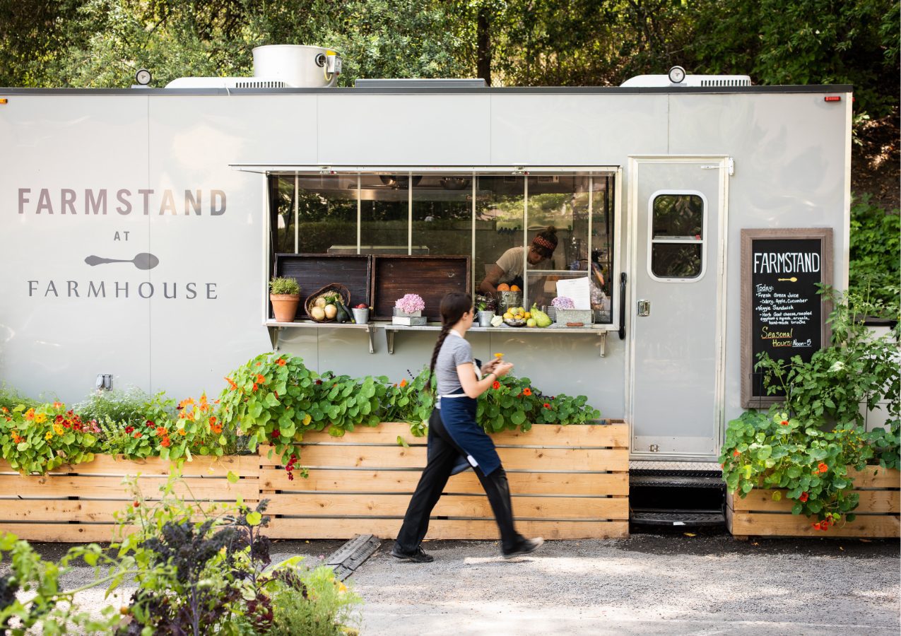 Farmstand outdoor restaurant, waiter walking up to window