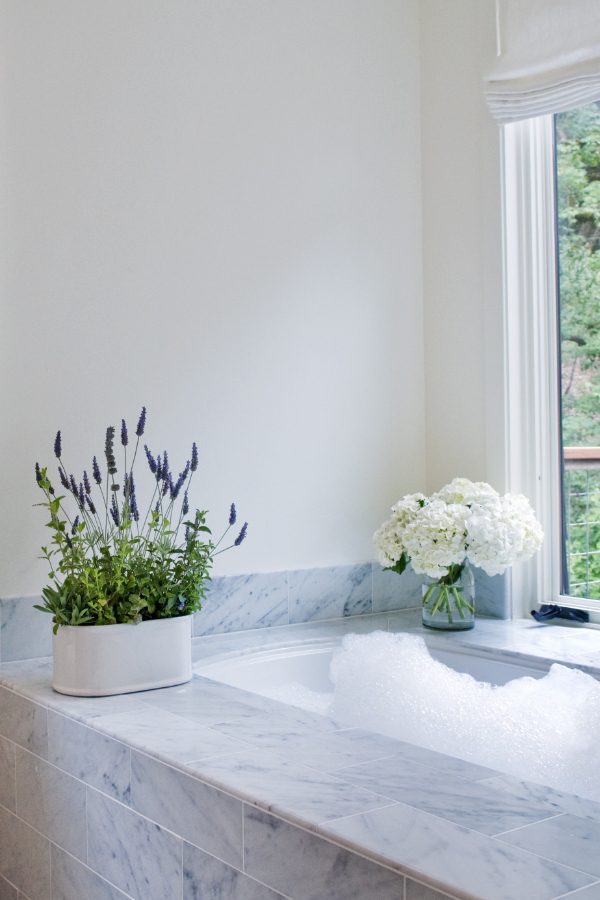 Interior of Barn One Bedroom Suite bathroom. Close-up of tiled bathtub with bubbles, two windows with greenery outside, two plants on sides of the bathtub.