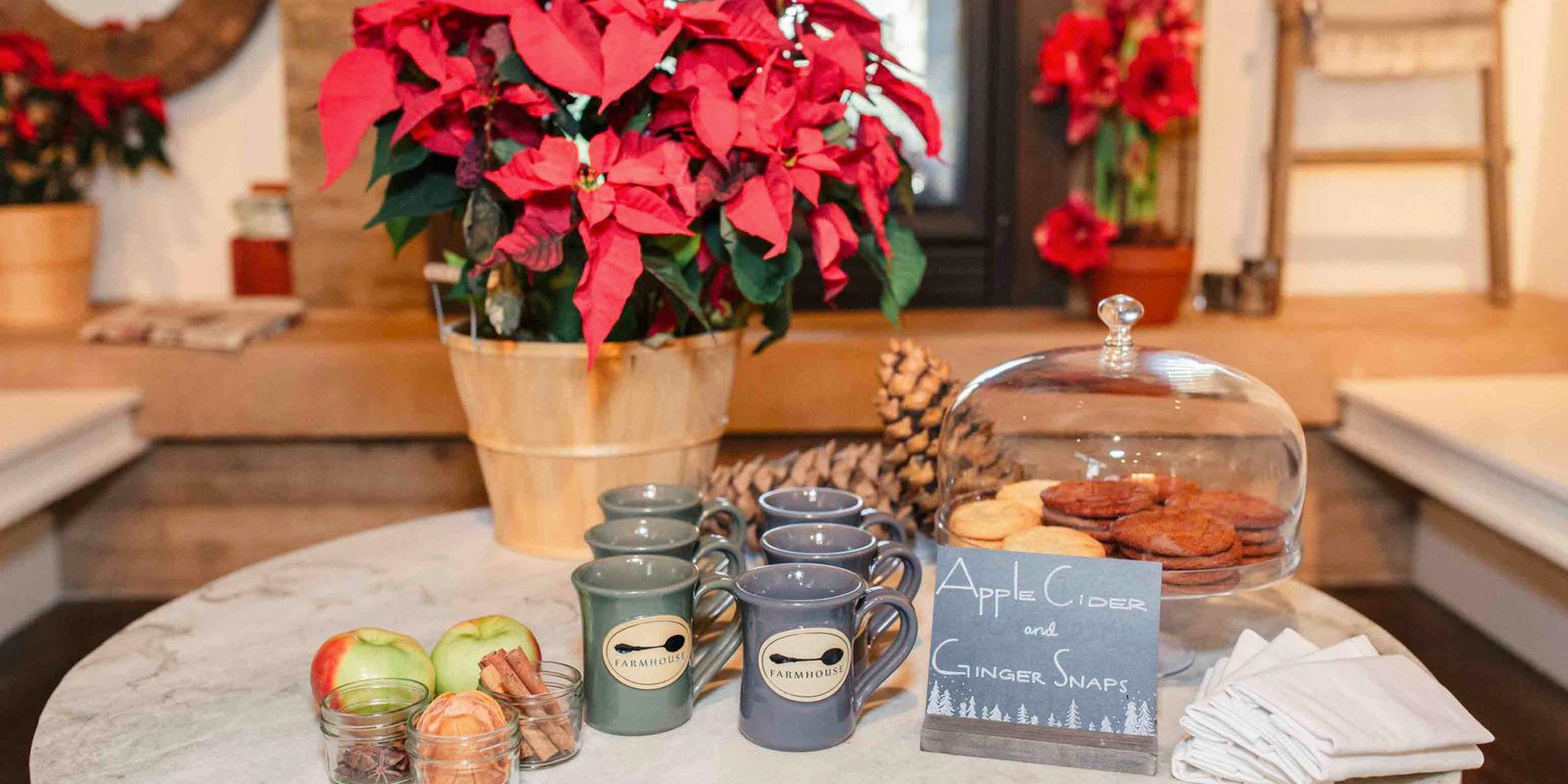 Table with potted red flowers, six gray coffee cups with Farmhouse logos, platter of cookies: apple cider and ginger snaps.