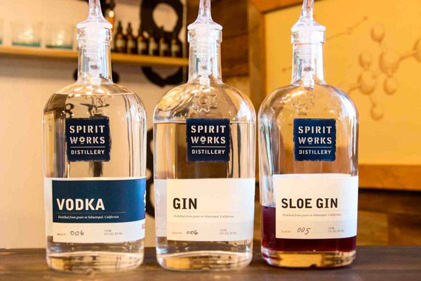 3 bottles of spirit work creations, gin, vodka and sloe gin