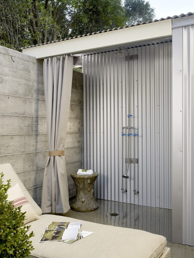 Outdoor shower with roof.