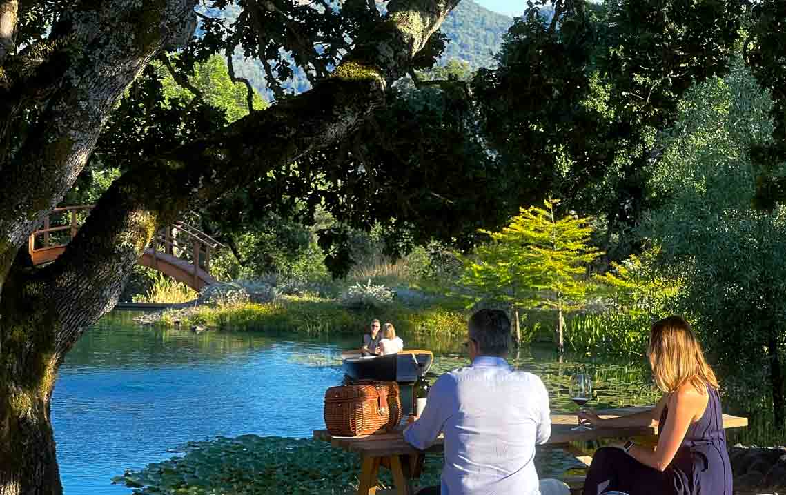 couple sitting at picnic table with wine next to pond