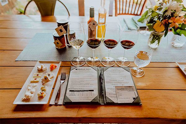 Medlock Ames winery- table set with wine tastings and small plate of crudities