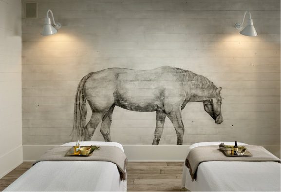 Interior view at the Farmhouse Inn Spa: two massage tables with massage ointments neatly placed and background wall painting of a horse.