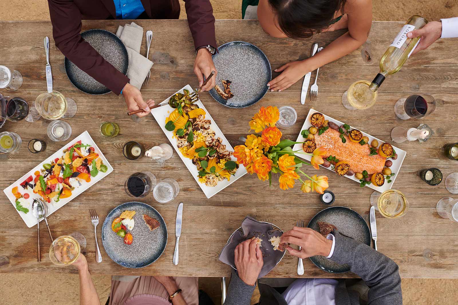 birds eye view of dinner and table setting