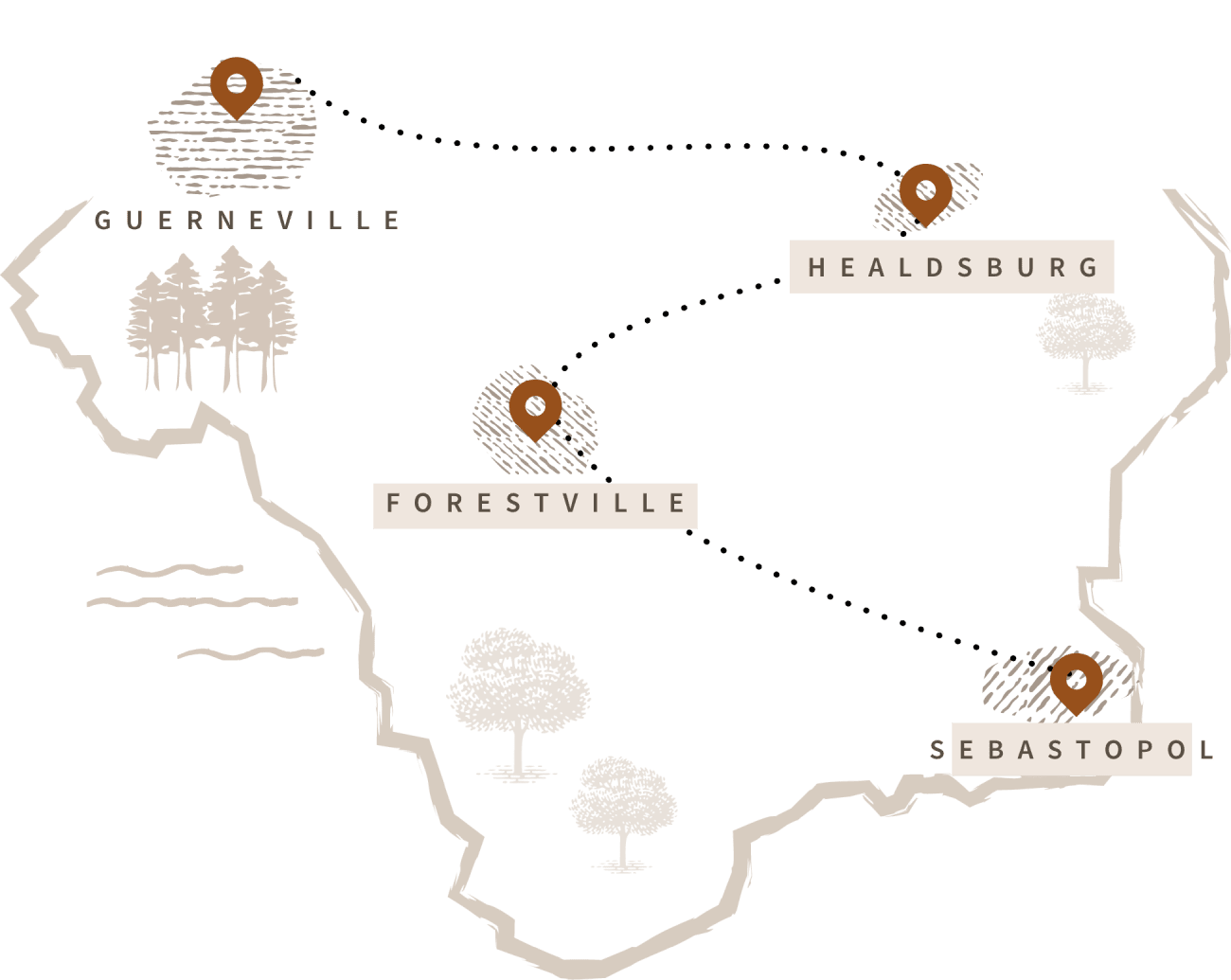 Illustration of Map of Sonoma County with Guerneville, Healdsburg, Forestville and Sebastopol