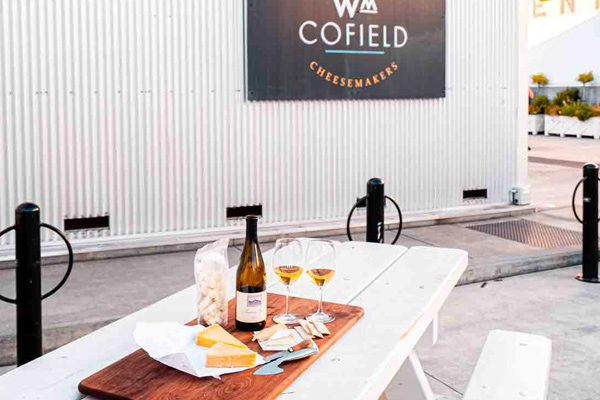 white wood picnic table with cheese tray and WM Cofield Cheese sign in background