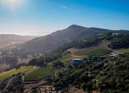 aerial rustic view of Sonoma County with large hill in background and greenery.